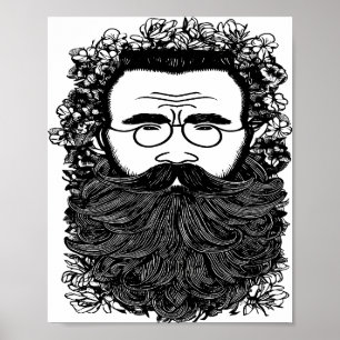 Whimsical Man Beard Mustache Flowers Art Poster