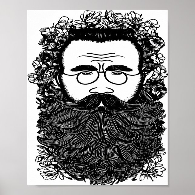 Whimsical Man Beard Mustache Flowers Art Poster (Framsidan)