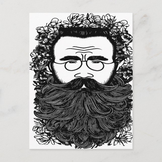 Whimsical Man Beard Mustache Flowers Art Vykort (Framsida)