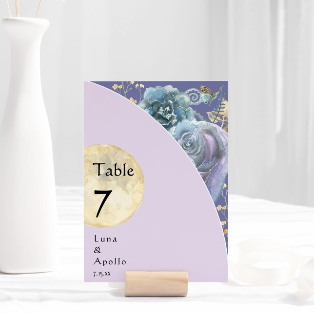 Whimsical Måne Lila Bröllop Bordsnummer Card (Skapare uppladdad)