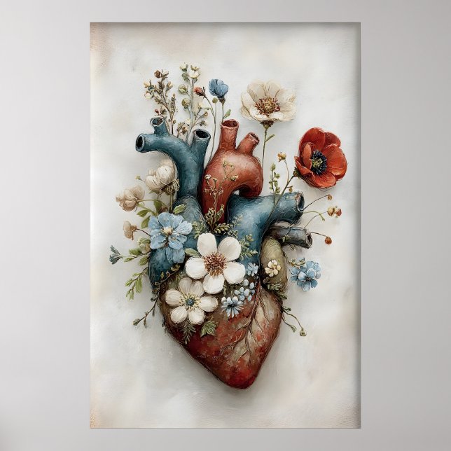 Whimsical Människohjärta Blommor Print, Anatomisk Poster (Framsidan)