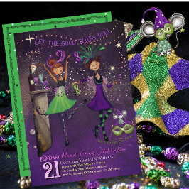 Whimsical Mardi Gras Dancing Girls Green & Purple  Inbjudningar