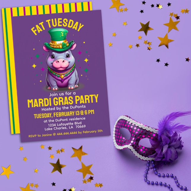 Whimsical Mardi Gras Tjock Tisdag Hippo med Pärlor Inbjudningar (Skapare uppladdad)