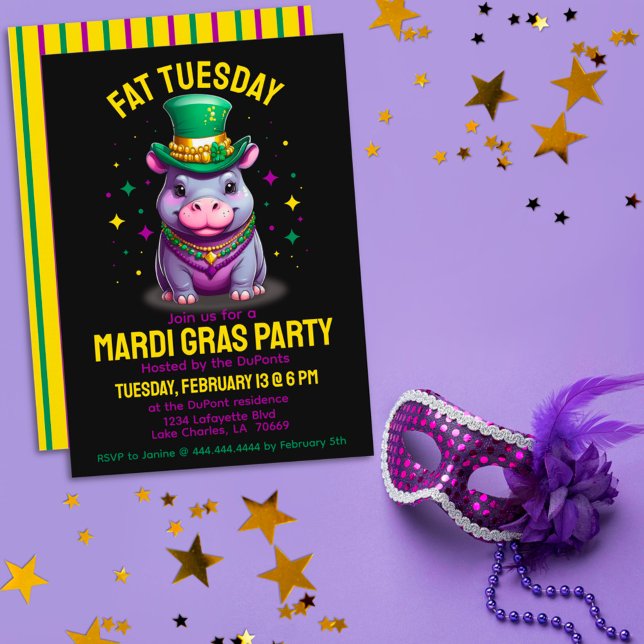 Whimsical Mardi Gras Tjock Tisdag Hippo med Pärlor Inbjudningar (Skapare uppladdad)
