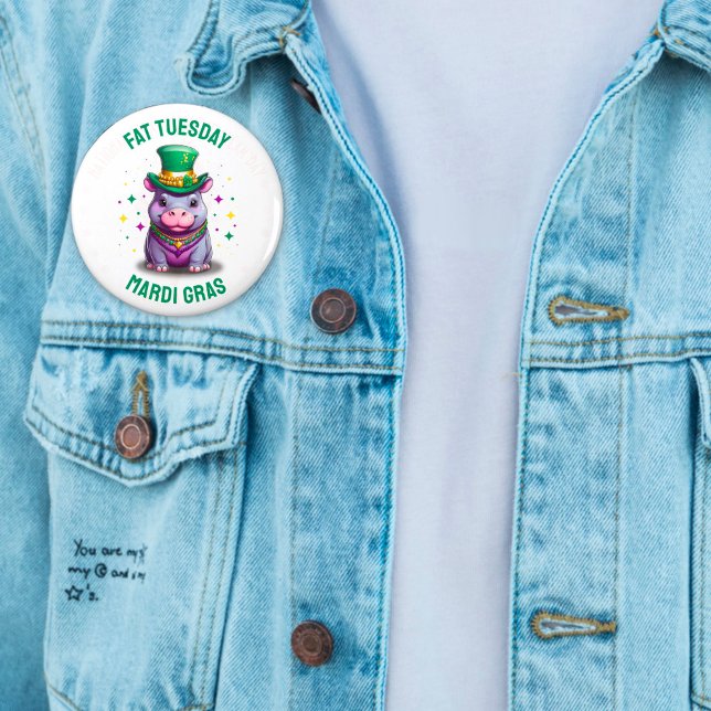 Whimsical Mardi Gras Tjock Tisdag Hippo Sticker Knapp (Skapare uppladdad)