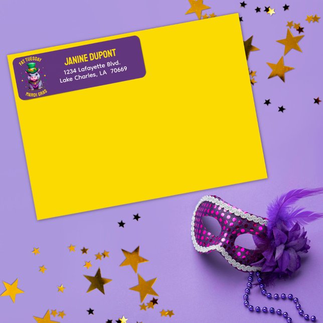 Whimsical Mardi Gras Tjock Tisdag Hippo Sticker Returadress Etikett (Skapare uppladdad)
