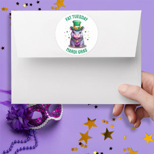 Whimsical Mardi Gras Tjock Tisdag Hippo Sticker Runt Klistermärke