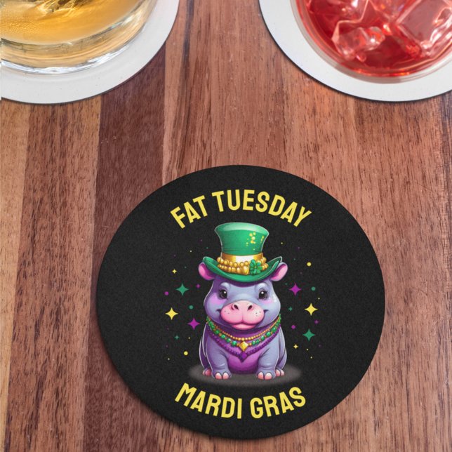 Whimsical Mardi Gras Tjock Tisdag Hippo Sticker Underlägg Papper Rund (Skapare uppladdad)