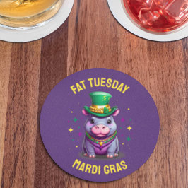 Whimsical Mardi Gras Tjock Tisdag Hippo Sticker Underlägg Papper Rund