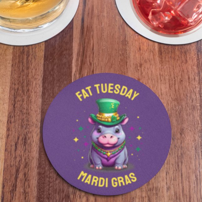 Whimsical Mardi Gras Tjock Tisdag Hippo Sticker Underlägg Papper Rund (Skapare uppladdad)