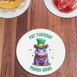 Whimsical Mardi Gras Tjock Tisdag Hippo Sticker Underlägg Papper Rund