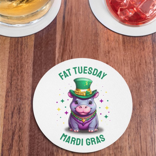 Whimsical Mardi Gras Tjock Tisdag Hippo Sticker Underlägg Papper Rund (Skapare uppladdad)