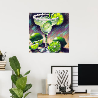 Whimsical Margarita Cocktail Krita Pastell Grön Poster