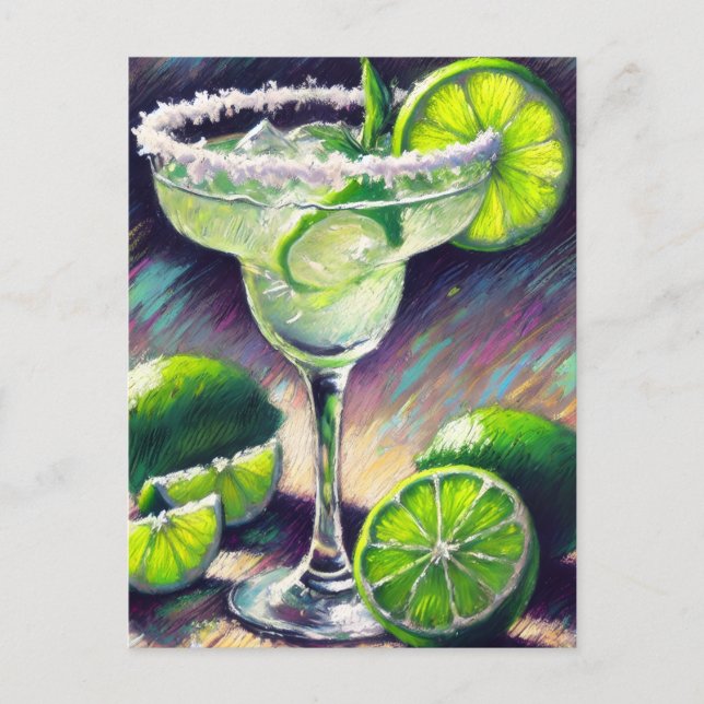Whimsical Margarita Cocktail Krita Pastell Grön Vykort (Framsida)