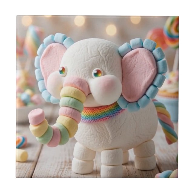 Whimsical Marshmallow Elefant och Pastellgodis Kakelplatta (Framsidan)