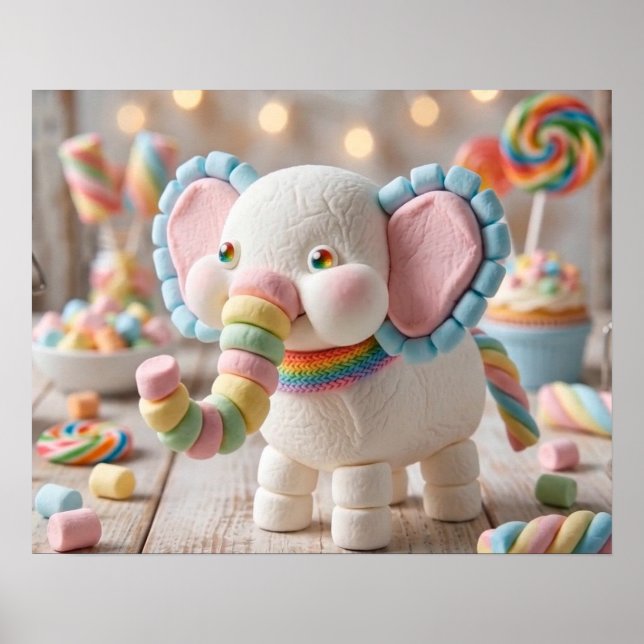 Whimsical Marshmallow Elefant och Pastellgodis Poster (Framsidan)