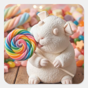 Whimsical Marshmallow Marsvin och Lollipop Fyrkantigt Klistermärke