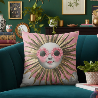Whimsical Maximalist Celestial Sun Pink Floral Sun Kudde