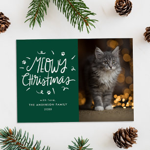Whimsical Meowy jul grön katt foto Julkort