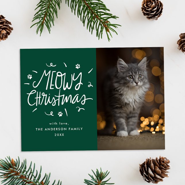 Whimsical Meowy jul grön katt foto Julkort (Skapare uppladdad)