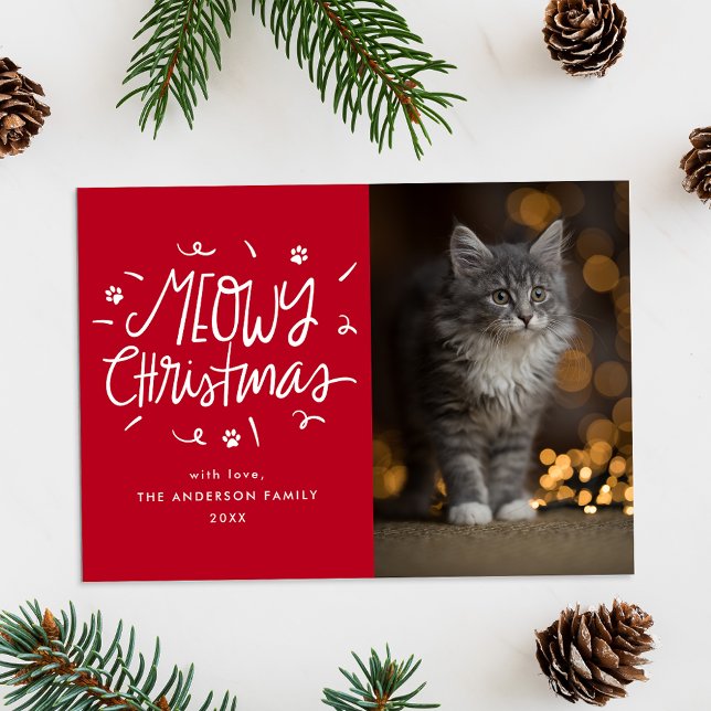 Whimsical Meowy jul röd katt foto Julkort (Skapare uppladdad)