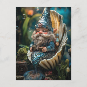 Whimsical Merman Gnome Figurine in Seashell - Unde Helg Vykort
