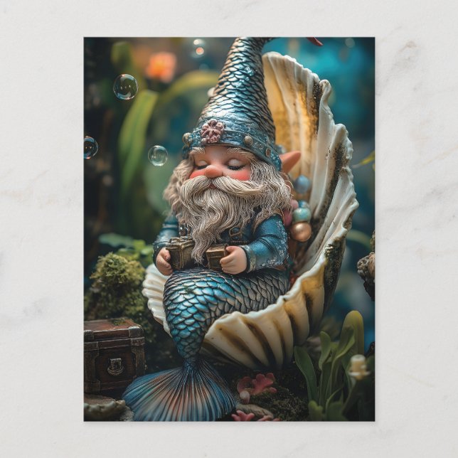 Whimsical Merman Gnome Figurine in Seashell - Unde Helg Vykort (Framsida)