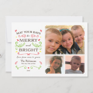 Whimsical Merry & Bright (vit) Helgdag 3-foto Julkort