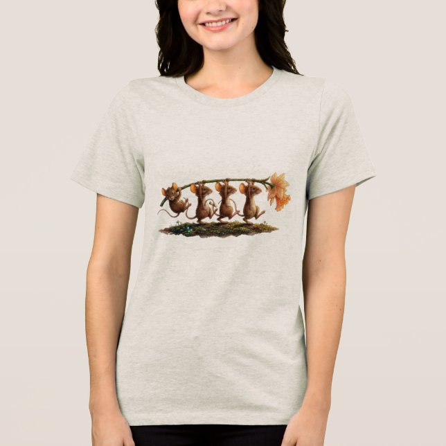 Whimsical Mice Carrying Daffodil Line Art T Shirt (Framsida)