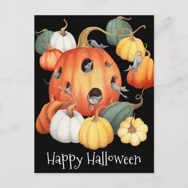 Whimsical Mice och Pumpkins Halloween Vykort (Framsida)