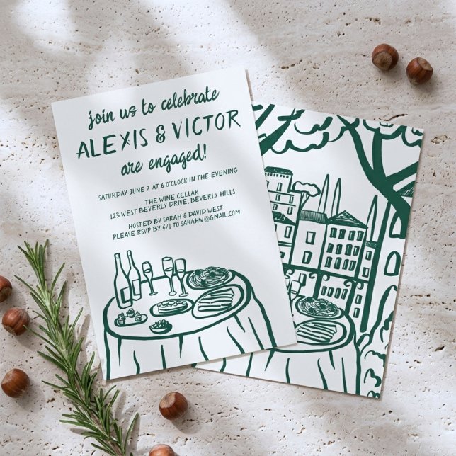 Whimsical Middagsbalkong Anpassad Förlovningsfest  Inbjudningar (Whimsical Buffet Table Balcony Dinner Hand-drawn Custom Engagement Party Invitation
)