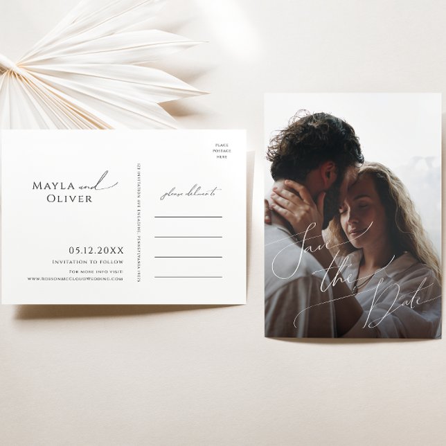 Whimsical Minimal Script Full Photo Rädda Datum Inbjudan Vykort (Skapare uppladdad)