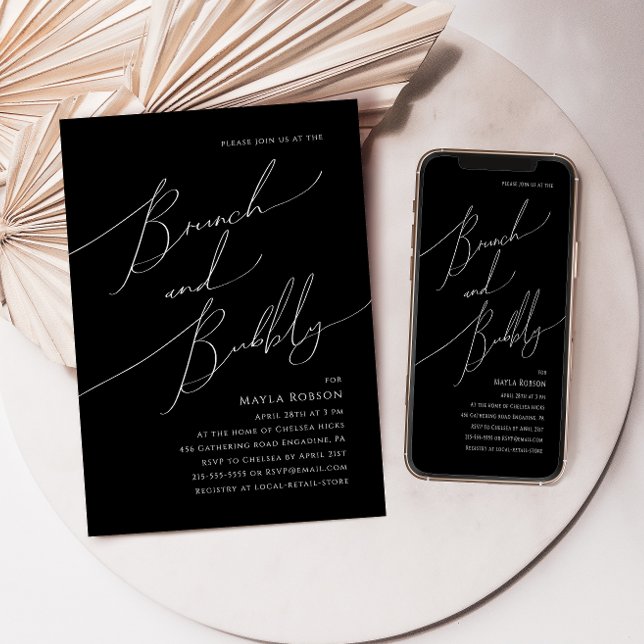 Whimsical Minimal Script | Svart Brunch och Bubbly Inbjudningar (Skapare uppladdad)