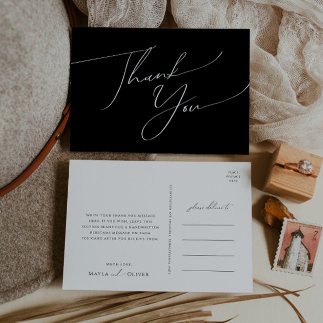 Whimsical Minimal Script | Svarta Bröllop Tack Vykort (Skapare uppladdad)