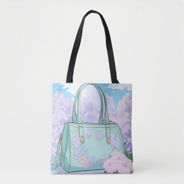 Whimsical Mint Floral Handväska Himmel och Moln to Tygkasse (Framsida)