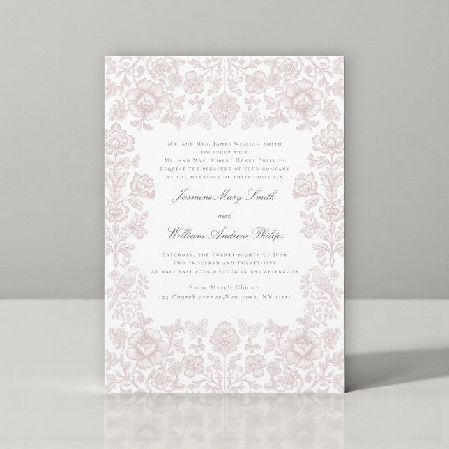 Whimsical Mjuk Rosa Blommig Fågel Damask Bröllop  Inbjudningar (Skapare uppladdad)
