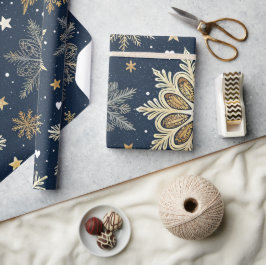 Whimsical Modern Navy Gold Snowflakes & Hearts Presentpapper