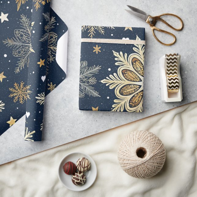 Whimsical Modern Navy Gold Snowflakes & Hearts Presentpapper (Hantverk)