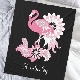 Whimsical Modern Svart Rosa Flamingo Fleecefilt