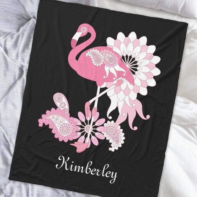 Whimsical Modern Svart Rosa Flamingo Fleecefilt (Skapare uppladdad)