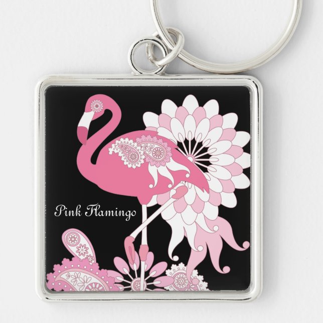 Whimsical Modern Svart Rosa Flamingo Fyrkantig Silverfärgad Nyckelring (Framsidan)