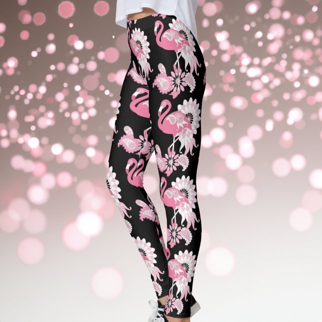 Whimsical Modern Svart Rosa Flamingo Mönster Leggings (Skapare uppladdad)
