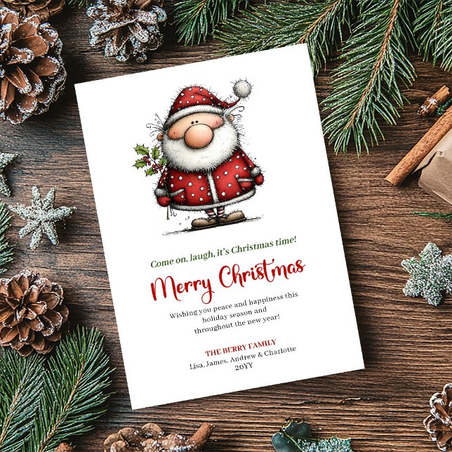Whimsical Modern Tomte Röd Grön Högtidlig Hälsning Julkort (Whimsical Modern Santa Red Green Holiday Greeting)