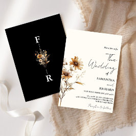 Whimsical Monogram BLack Wildblomma Bröllop Inbjudningar