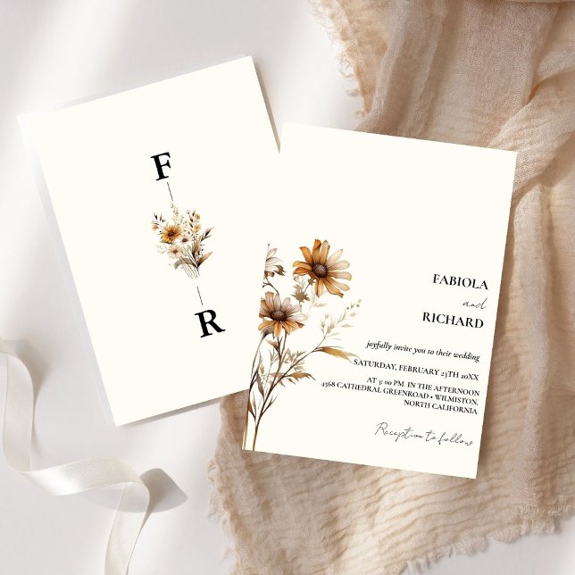 Whimsical Monogram Ivory Wildblomma Bröllop Inbjudningar (Skapare uppladdad)