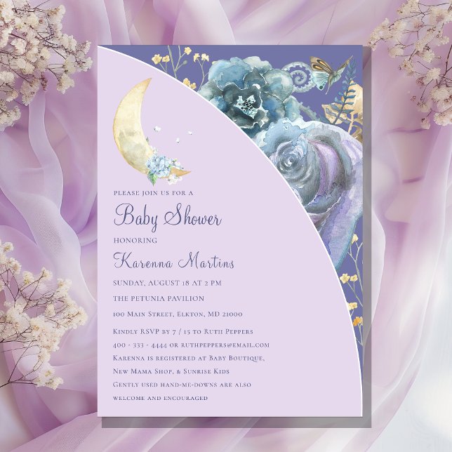 Whimsical Moon Lavender Purple Script Baby Shower Inbjudningar (Skapare uppladdad)