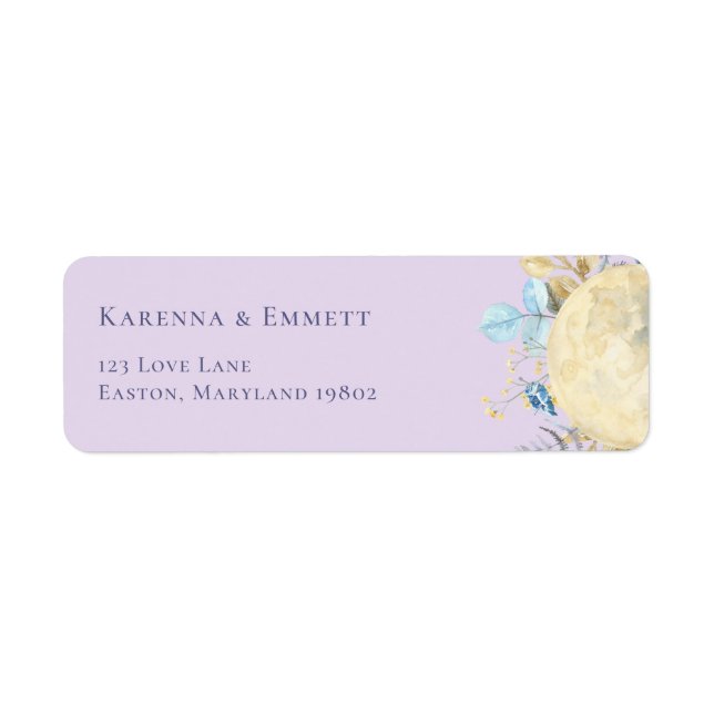 Whimsical Moon Lila Baby Shower Returadress Etikett (Framsidan)