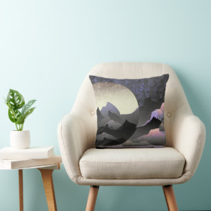 Whimsical Moon och Mountains Abstrakt Konst Kudde