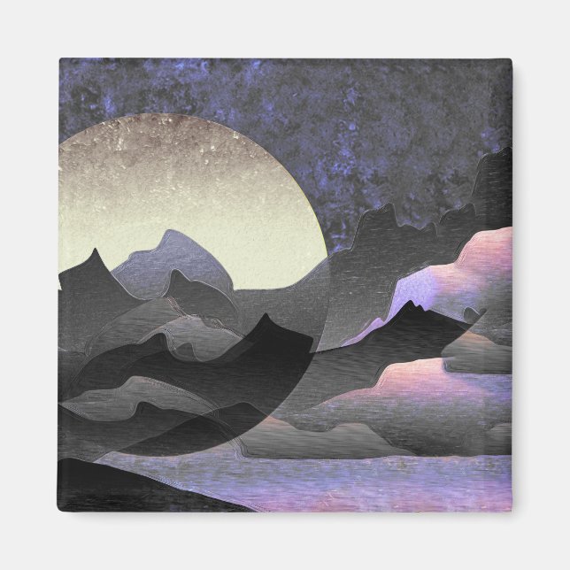 Whimsical Moon och Mountains abstrakt konst Magnet (Framsidan)