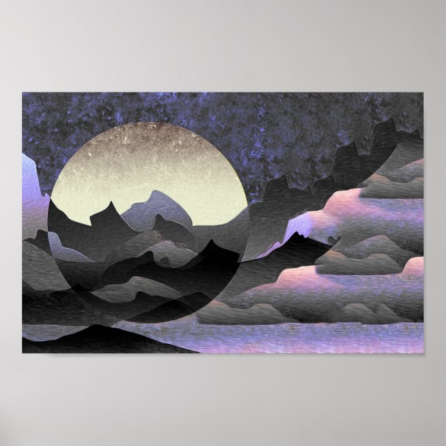 Whimsical Moon och Mountains Abstrakt Konst Poster (Framsidan)